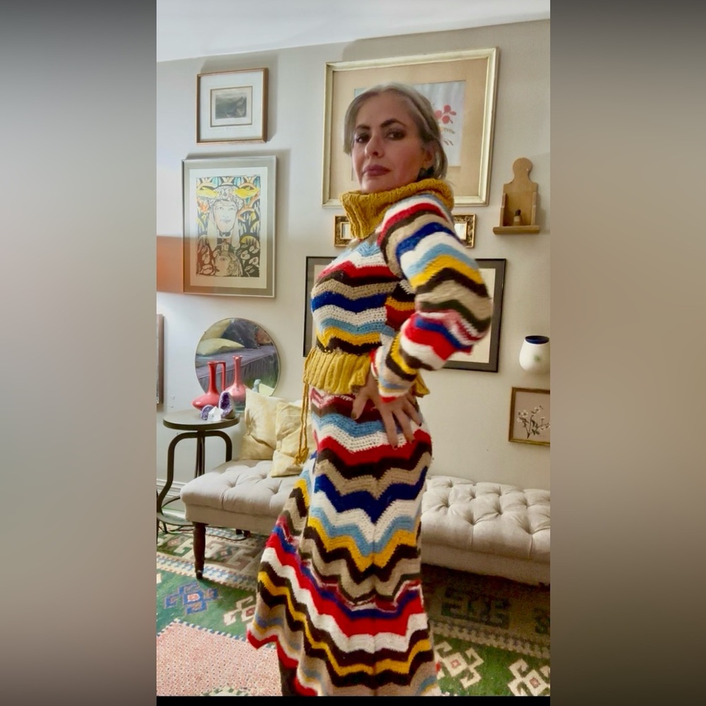 Upcycled Chevron Crochet Maxi Dress Handmade from Vintage Wool Blanket